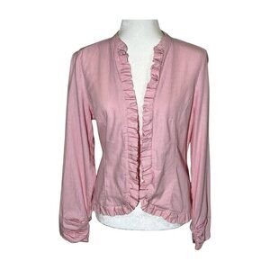 LIVE A LITTLE Pink White Stripe Ruffle Trim Blazer Fitted Size Medium